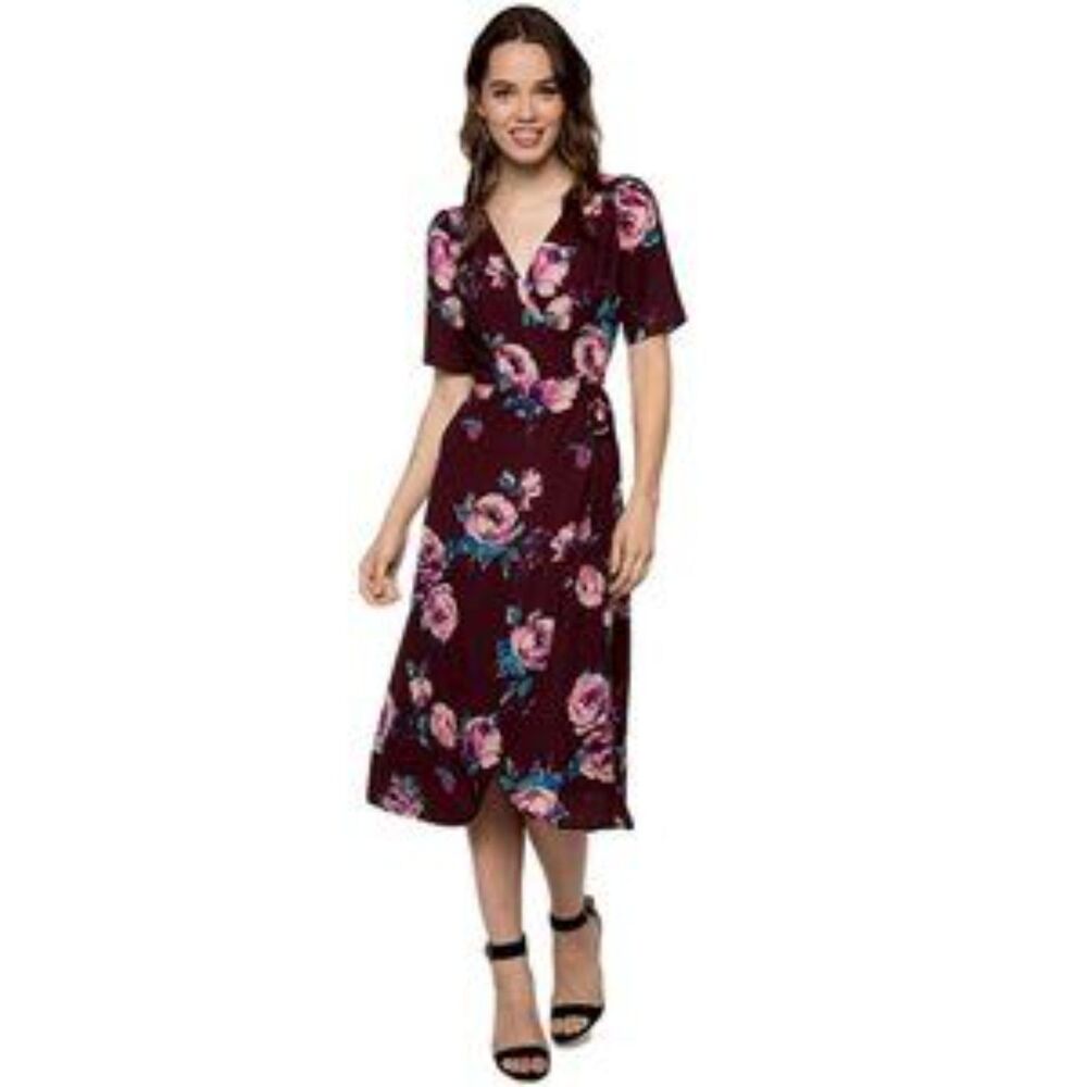 Everly Burgundy Floral Midi Wrap Dress Size M